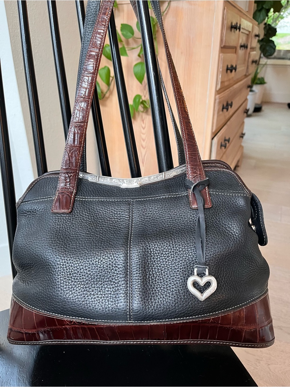 Vintage Brighton Black and Brown Leather Tote Bag with Heart Charm